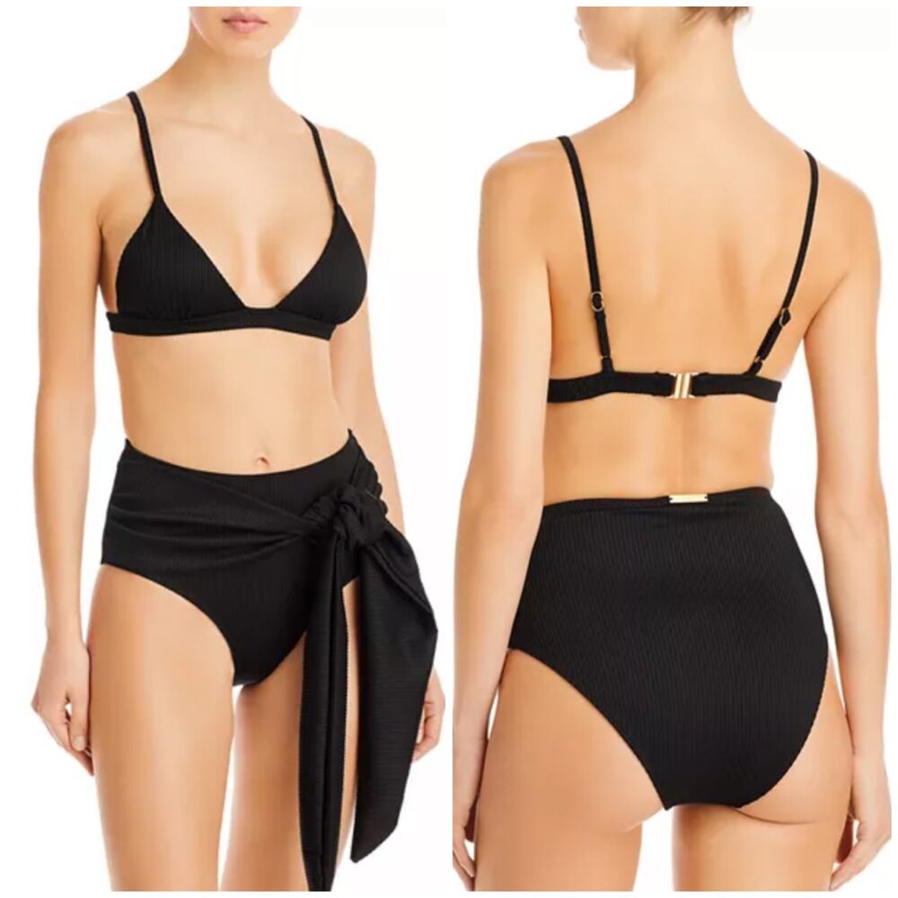 Alexandra Miro NWT Naomi Bikini Bottom Black Ribbed Size S High Rise Tie Wrap
